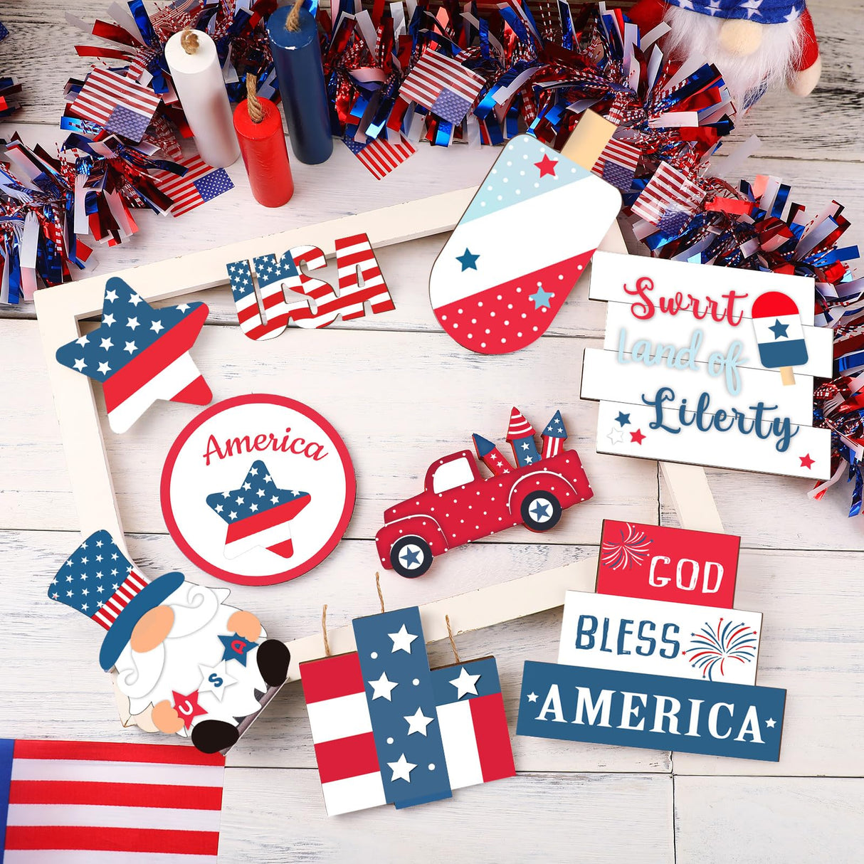 FairySandy 15 Pcs 4th of July Tiered Tray Decor Patriotic Table Decoration Memorial Day Independence Day Wooden Sign Red White Blue Gnome USA Flag Tiered Tray Decor Set for Home Table FairySandy