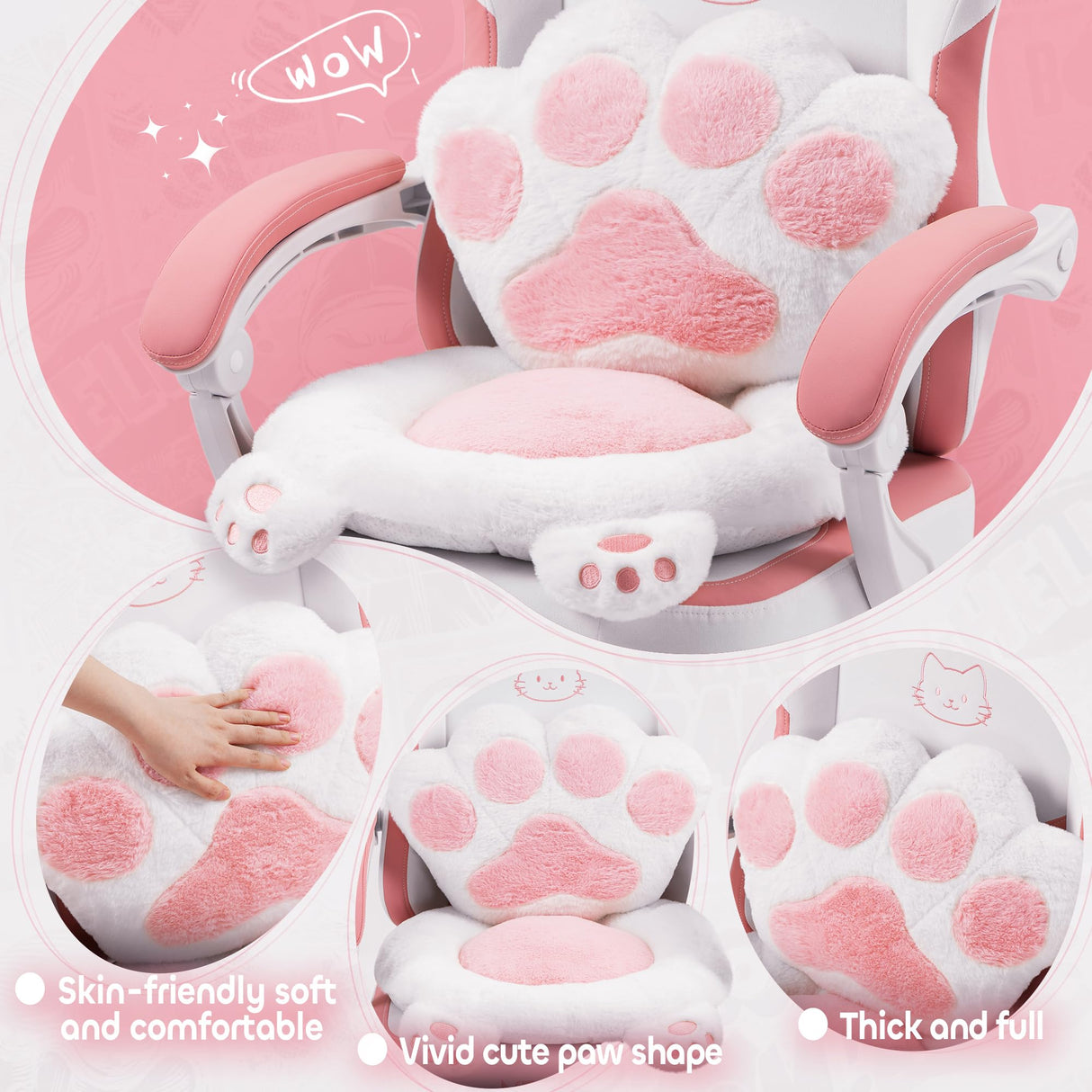 MEENICE Pink Gaming Chair Cute with Cat Ears Paw Lumbar and Cushion,Ergonomic Computer Chair with Footrest,Reclining PC Game Chair for Girl Computer Chair 300lbs for Adult MEENICE