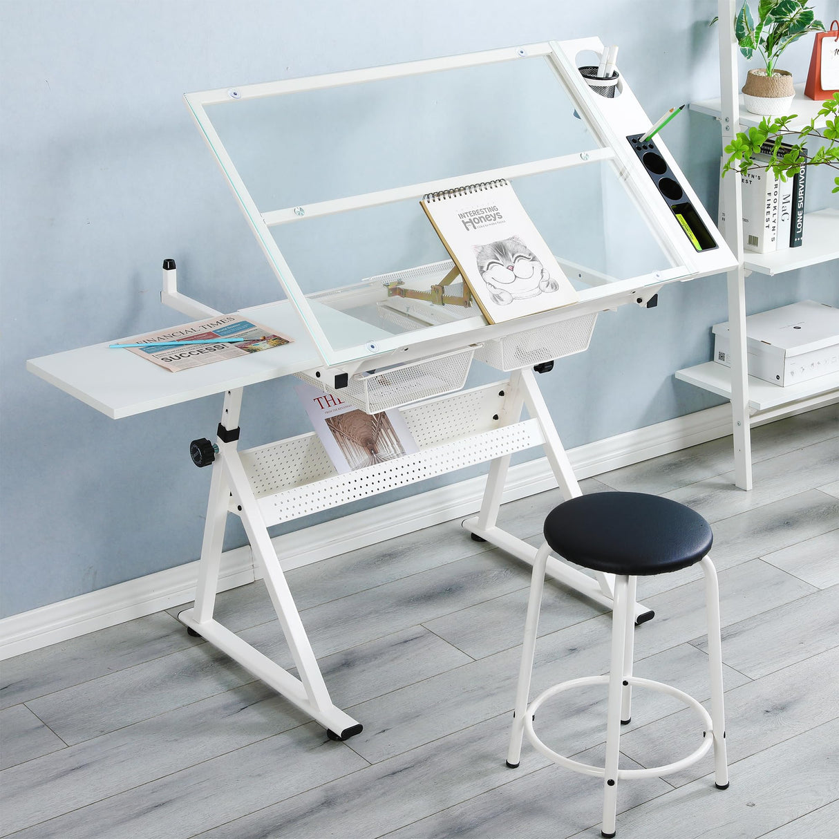 LifeSky Drafting Table Adjustable for Artists - Art Drawing Desk with Storage for Painting Sketching - Glass Top for Painters Illustrators Cartoonists White LIFE SKY