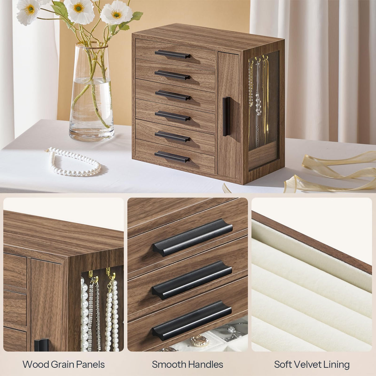 HOOBRO Jewelry Box for Women, Jewelry Organizer Box, 6-Tier Wooden Jewelry Box, Jewelry Case with Side Transparent Window, Creative Gift, for Earring, Necklace, Bracelet, Walnut and Black BH12JB04 HOOBRO