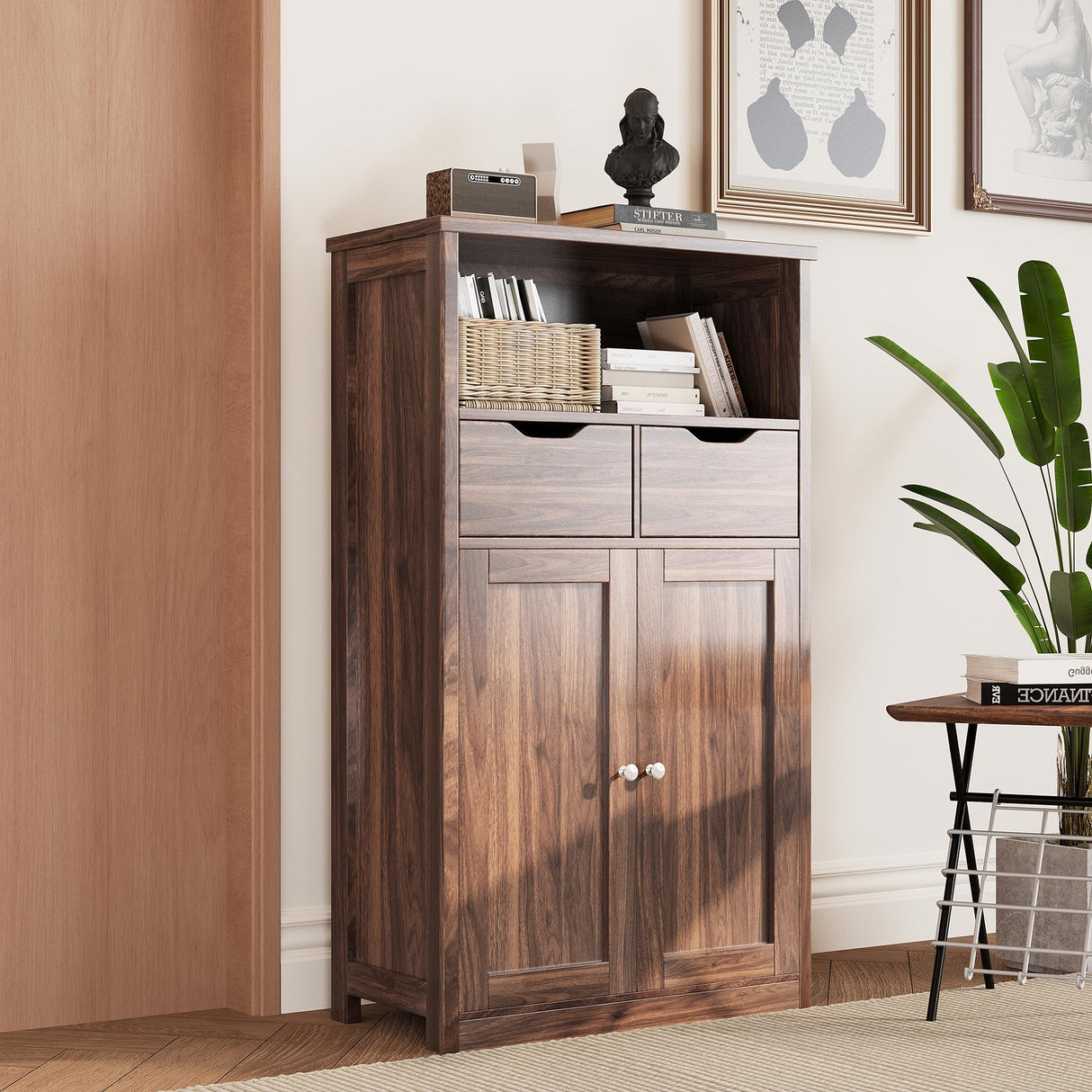 Shintenchi Floor Storage Cabinet, Bathroom Storage Organizer with Doors and Drawers, Freestanding Side Cupboard Pantry with Adjustable Shelf for Bathroom/Kitchen/Livingroom, Walnut Shintenchi