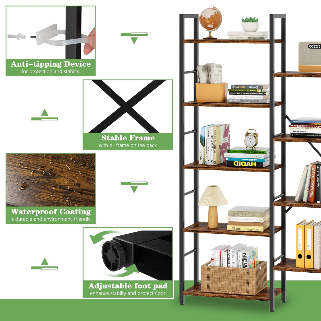 Meilocar Triple Wide 5 Tier Bookshelf, Book Shelf with 14 Open Display Shelves, Free Standing Bookcase with Adjustable Shelves for Home Office, Living Room, Bedroom, Rustic Brown Meilocar