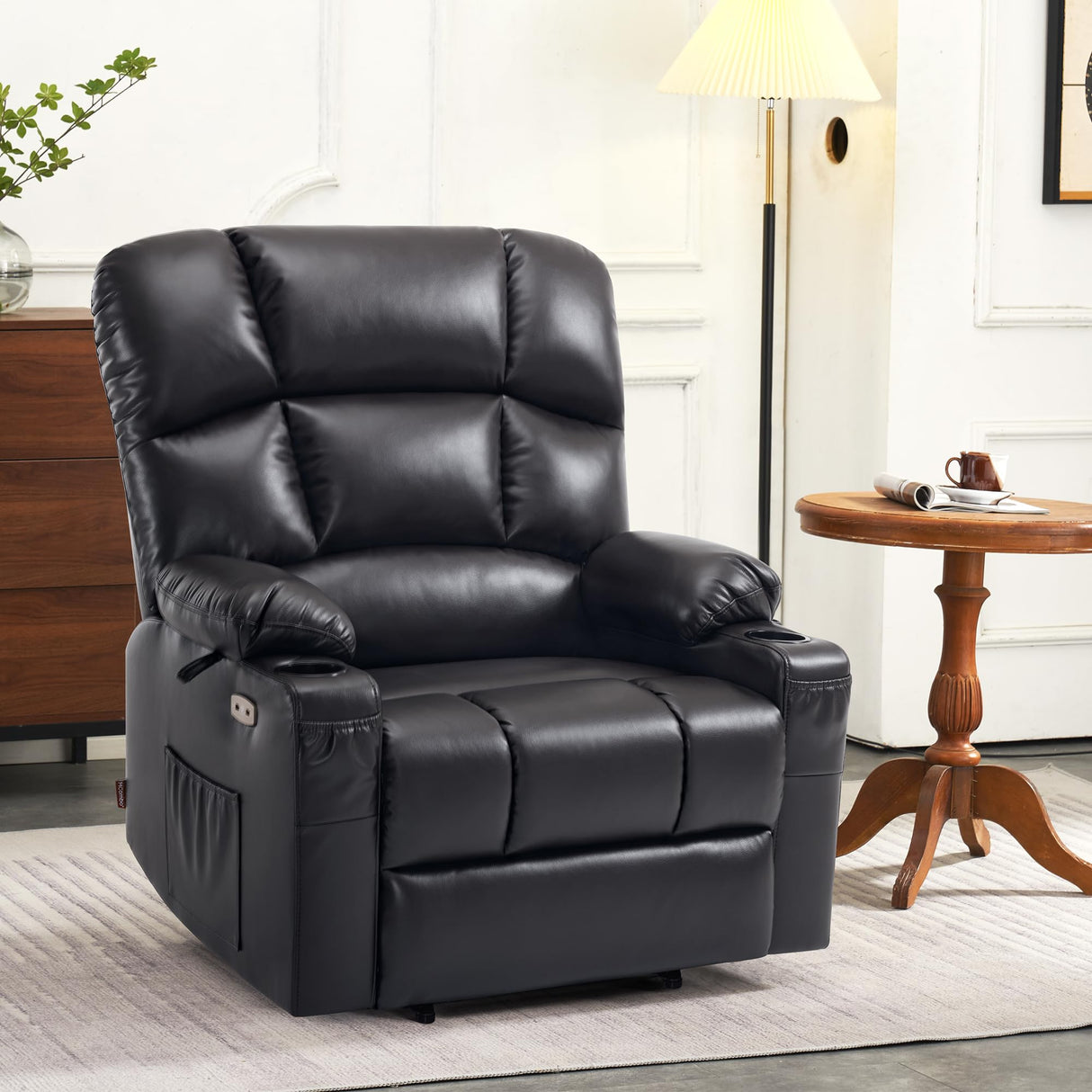 MCombo Oversized Dual Motor Power Lift Recliner Chair Sofa with Massage and Heat for Big Elderly People, Infinite Position, USB Ports, Faux Leather R7688 (Black, Large-Oversize) MCombo