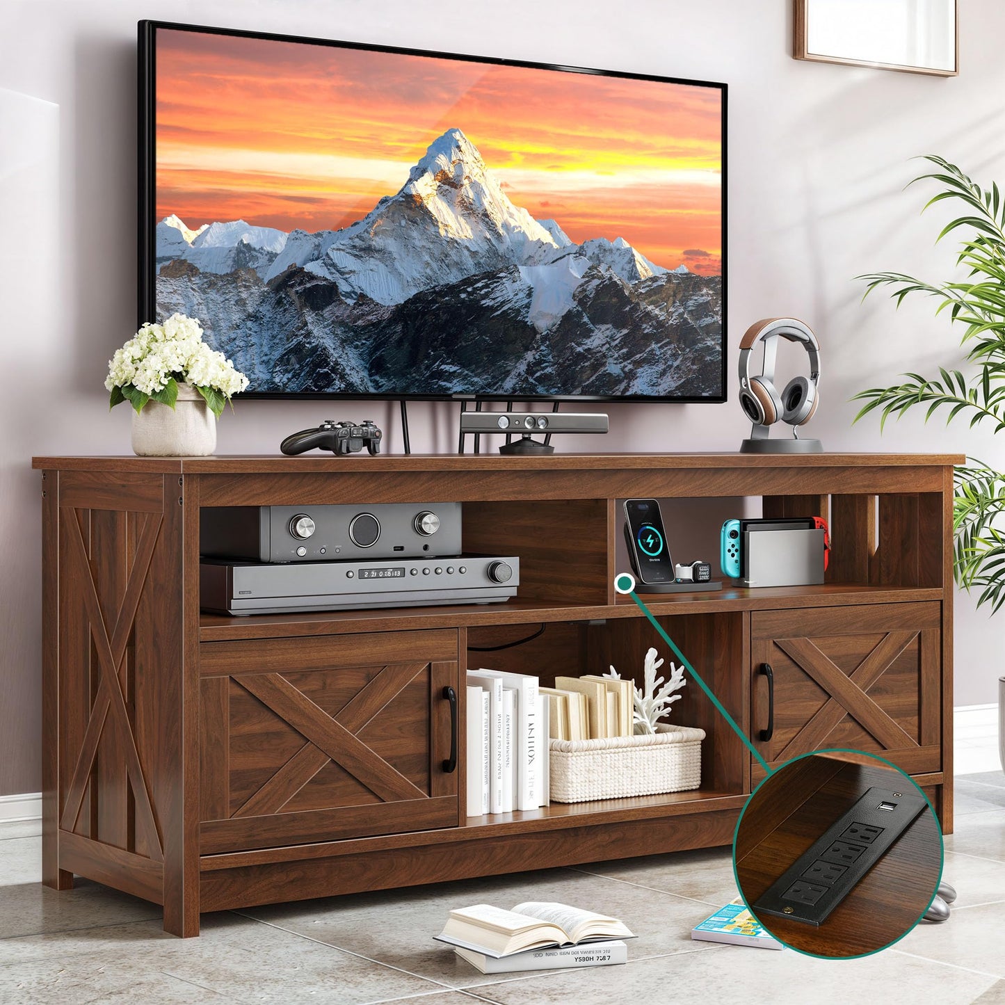 YITAHOME Farmhouse TV Stand for 65 Inch Television Stand, Entertainment Center with Power Outlets and Open Shelf, Rustic Media Console TV Cabinet for Living Room, Walnut