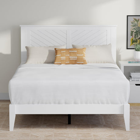 ComfIQ Serene Farmhouse Style Wood Bed in Full Size with Chevron Scoring Headboard, Coastal Modern Design, Sturdy, Easy Assembly, Ample Underbed Storage, White Finish ComfIQ