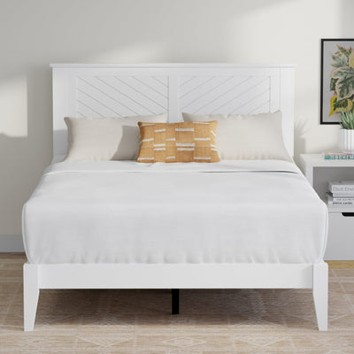 ComfIQ Serene Farmhouse Style Wood Bed in Full Size with Chevron Scoring Headboard, Coastal Modern Design, Sturdy, Easy Assembly, Ample Underbed Storage, White Finish