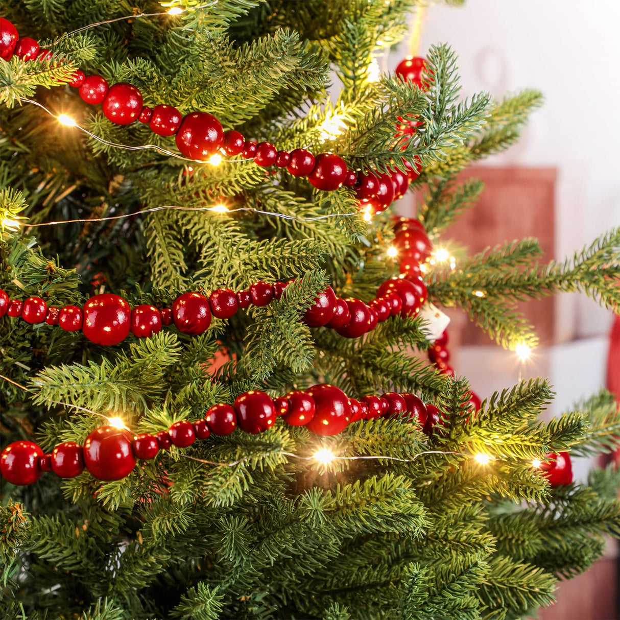 2 Pcs/ 16.4 Feet Christmas Wood Bead Garland Rustic Christmas Wooden Beads Decorative Christmas Tree Wood Beaded Garland Decor Farmhouse Boho Ornaments for Christmas Decoration Supplies (Dark Red) Yinder