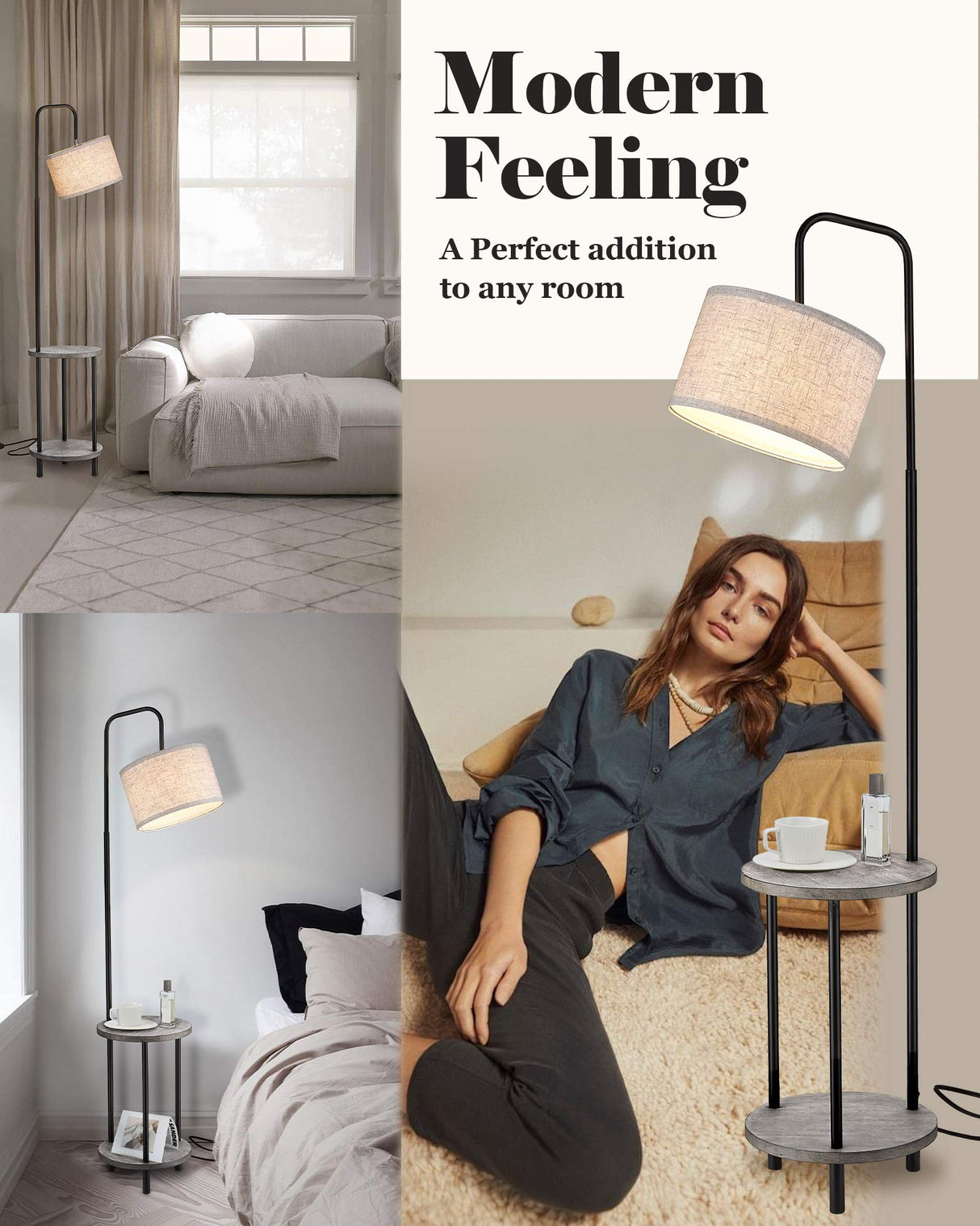 ELYONA Solid Wood Floor Lamp - Rustic Side Table Lamp for Bedroom & Living Room - Mid Century Modern Floor Lamp with 3 Color Temperatures LED Bulb - Industrial Tall Pole Reading Standing Light - Grey ELYONA