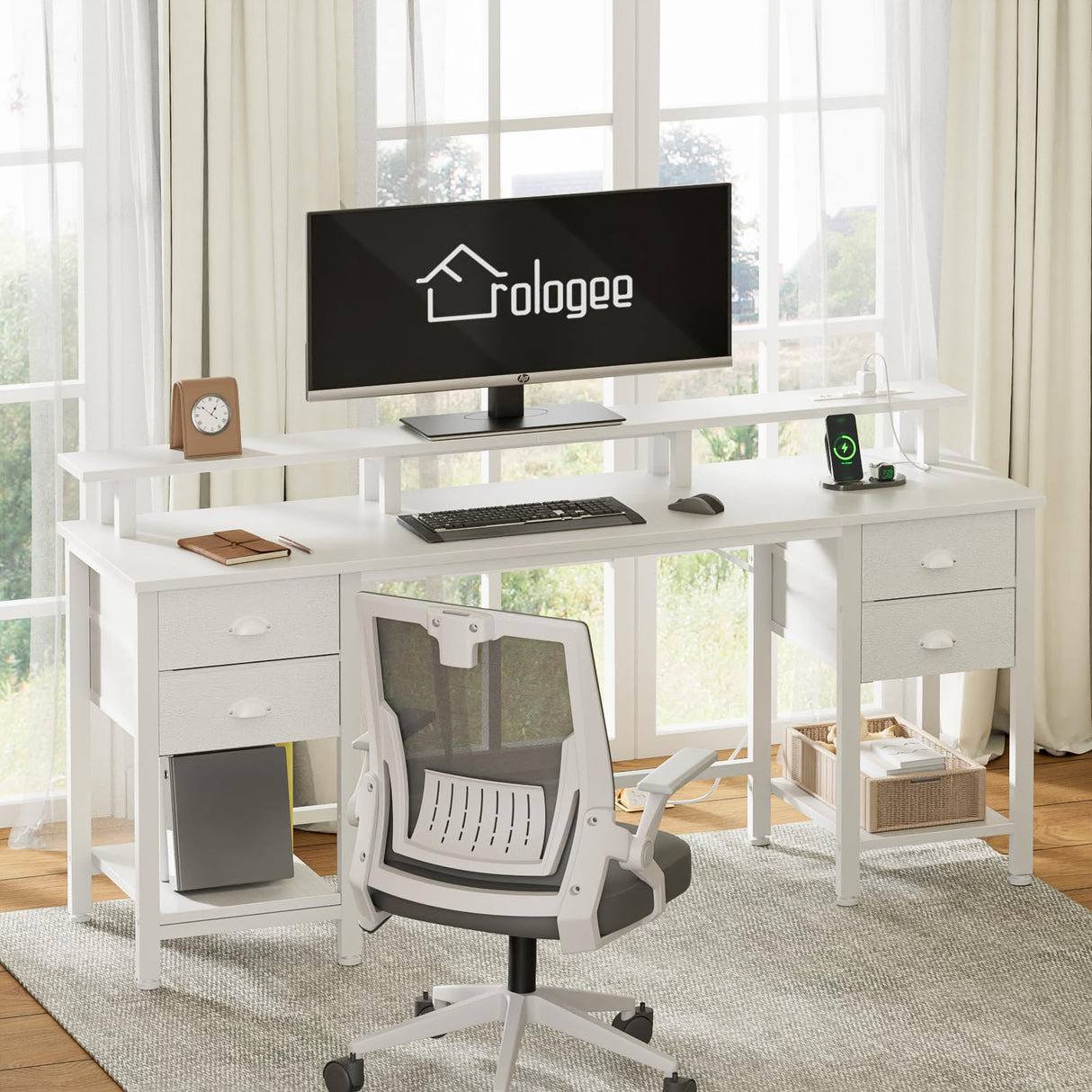 Furologee 61 Inch Desk with Power Outlets and LED Lights, Computer Desk with 4 Removable Drawers, White Office Desk with Long Monitor Stand, Large Gaming Desk with Shelves for Home Office/Bedroom Furologee