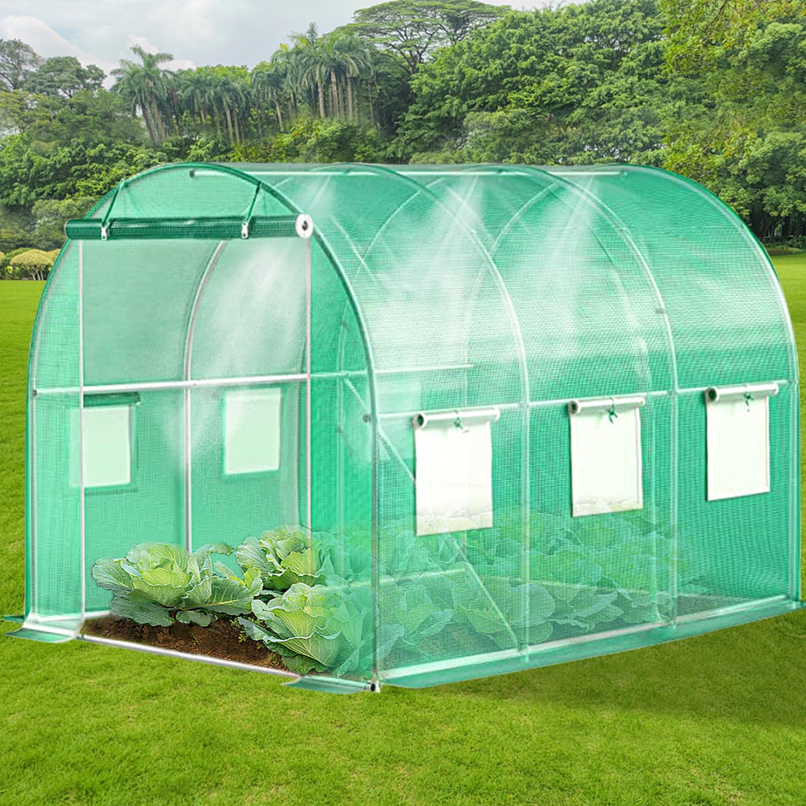 KANAGAWA 10'x7'x 7' Walk-in Tunnel Greenhouse with Watering System Heavy Duty Portable Green House Protect Gardening Plants 1 Zipper Mesh Door, 6 Roll-up Windows, Thickened galvanised steel,G - WoodArtSupply