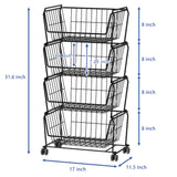 PUSDON Stackable Metal Storage Carts, Dual Use Shelf for Kitchen Fruit Vegetable Baskets with Wheels, Storage Rack for Living Room, Home & Office, Standard Black 4 Tiers PUSDON