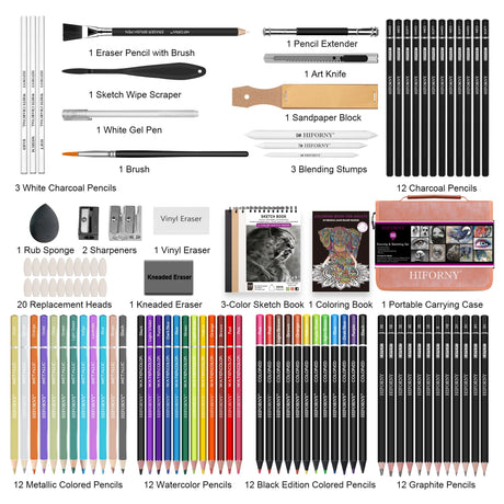 HIFORNY 100 PCS Drawing & Sketching Set, Professional Art Supplies with Graphite,Charcoal, Colored,Watercolor,Metallic Pencils,Blending Tools,Sketchbook and Coloring Book in Zipper Case (Pink) HIFORNY