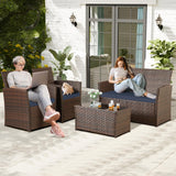 FHFO 4 Piece Outdoor Patio Furniture Sets, Wicker Sectional Conversation Sofa Set, Rattan Table and Chairs and Loveseat with Cushions for Outside Balcony Porch Backyard (Brown-Blue) FHFO