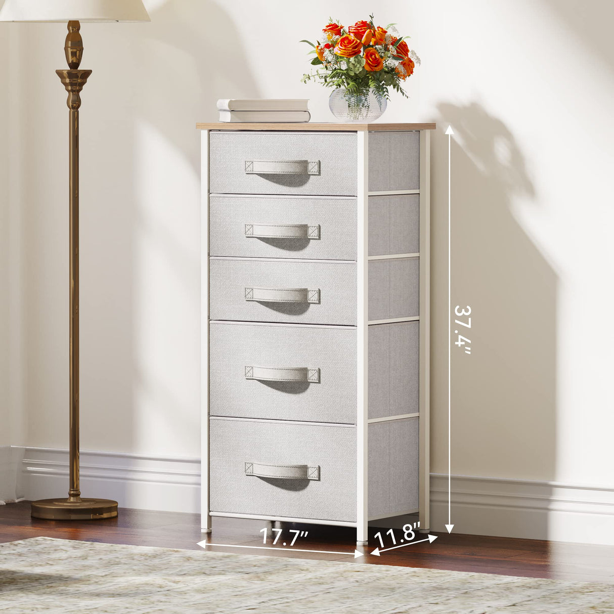 YITAHOME 5 Drawers Dresser, Vertical Fabric Storage Tower Organizer Unit for Living Room, Hallway - Sturdy Steel Frame, Wooden Top & Easy Pull Fabric Bins YITAHOME