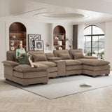 ONEMMLION U Shaped Cloud Couch Sectional Sofa, 124" Comfy Fluffy Chenille Brown Sectional Couches for Living Room with Double Chaise Lounge, Modern Modular Sofa with Central Console USB Port ONEMMLION