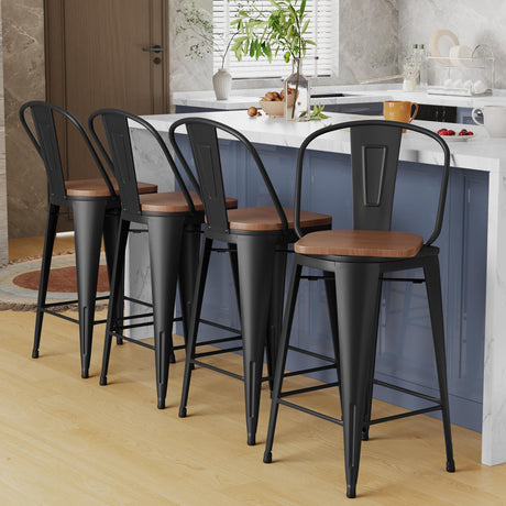 Alunaune 26" Swivel Metal Bar Stools Set of 4 High Back Counter Height Barstools Industrial Dining Bar Chairs with Large Wooden Seat-Matte Black Alunaune