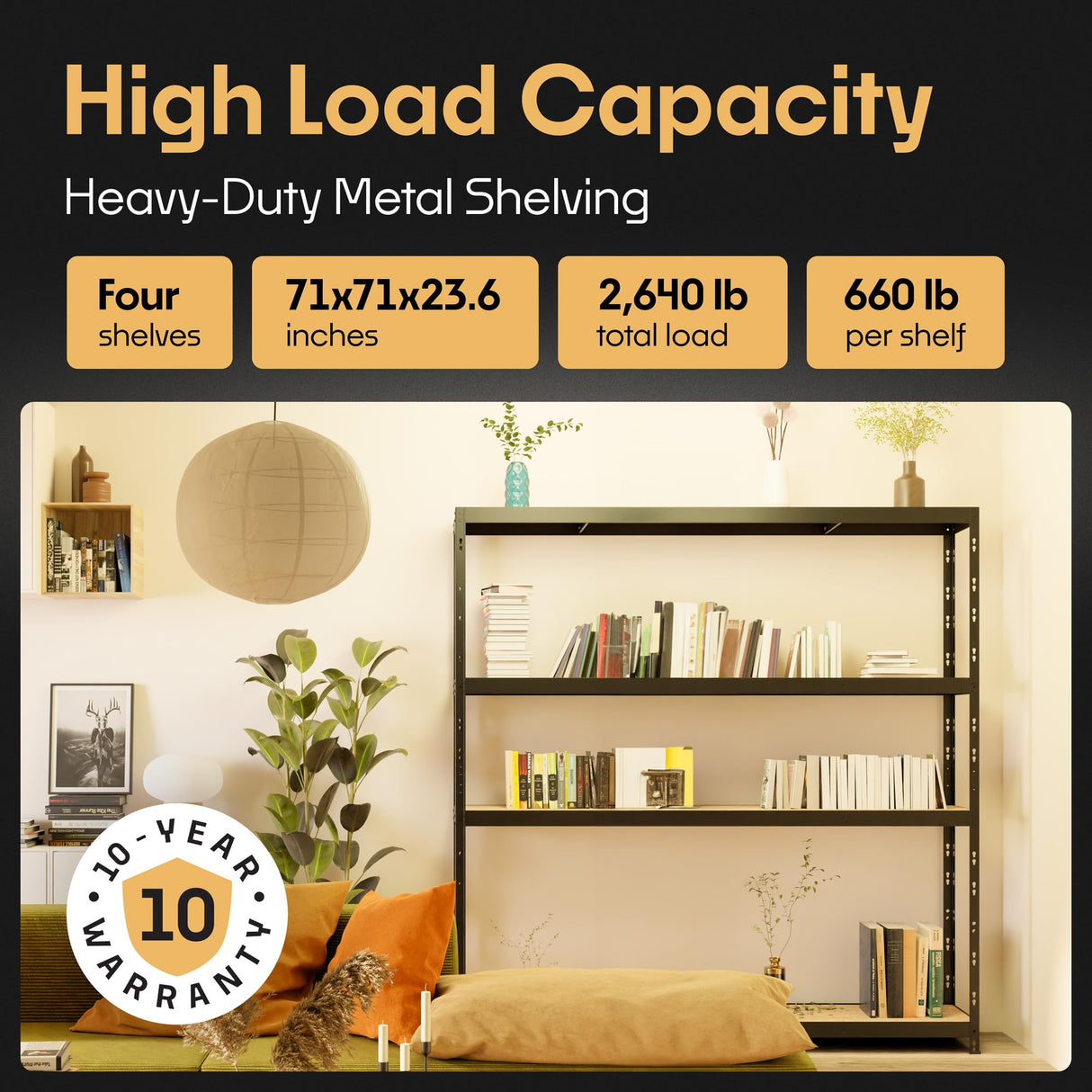 Storage Shelves: 4 Storage Shelves Heavy Duty w/ 2,640 lb Total Load Capacity, 660 per Storage Shelf, 71x71x24 | Adjustable Shelving Unit, Robust Garage Shelving, Extra Long Steel Profiles Metalkas
