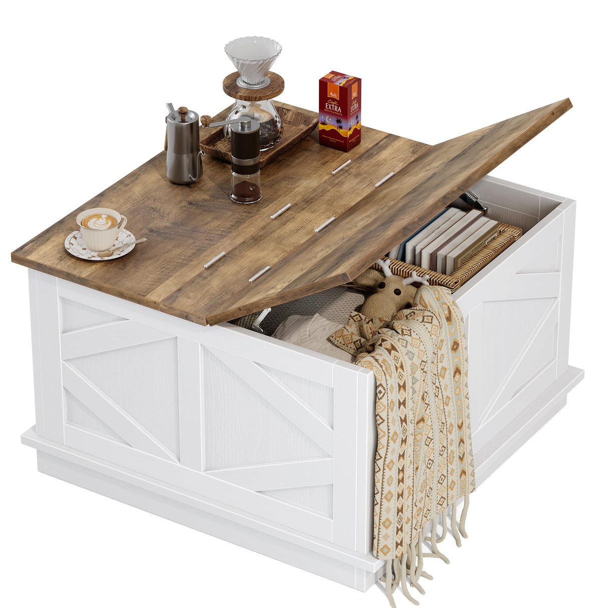 YESHOMY 31.5 inch Farmhouse Coffee Table, Coffee Tables for Living Room, Center Table with Flip-Top Lids, Large Storage Space (White) YESHOMY