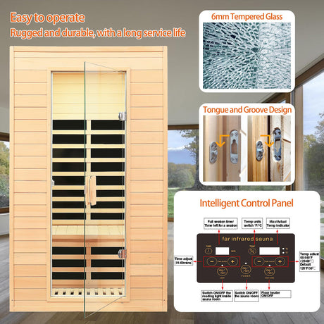 2 Person Infrared Sauna, Low EMF Far Infrared Sauna, Canadian Hemlock Wood Sauna for Home 1500W Indoor Sauna Home Spa Sauna with Bluetooth Speakers, Reading Lights, Roof Vent, Tempered Glass SALUSHEAT