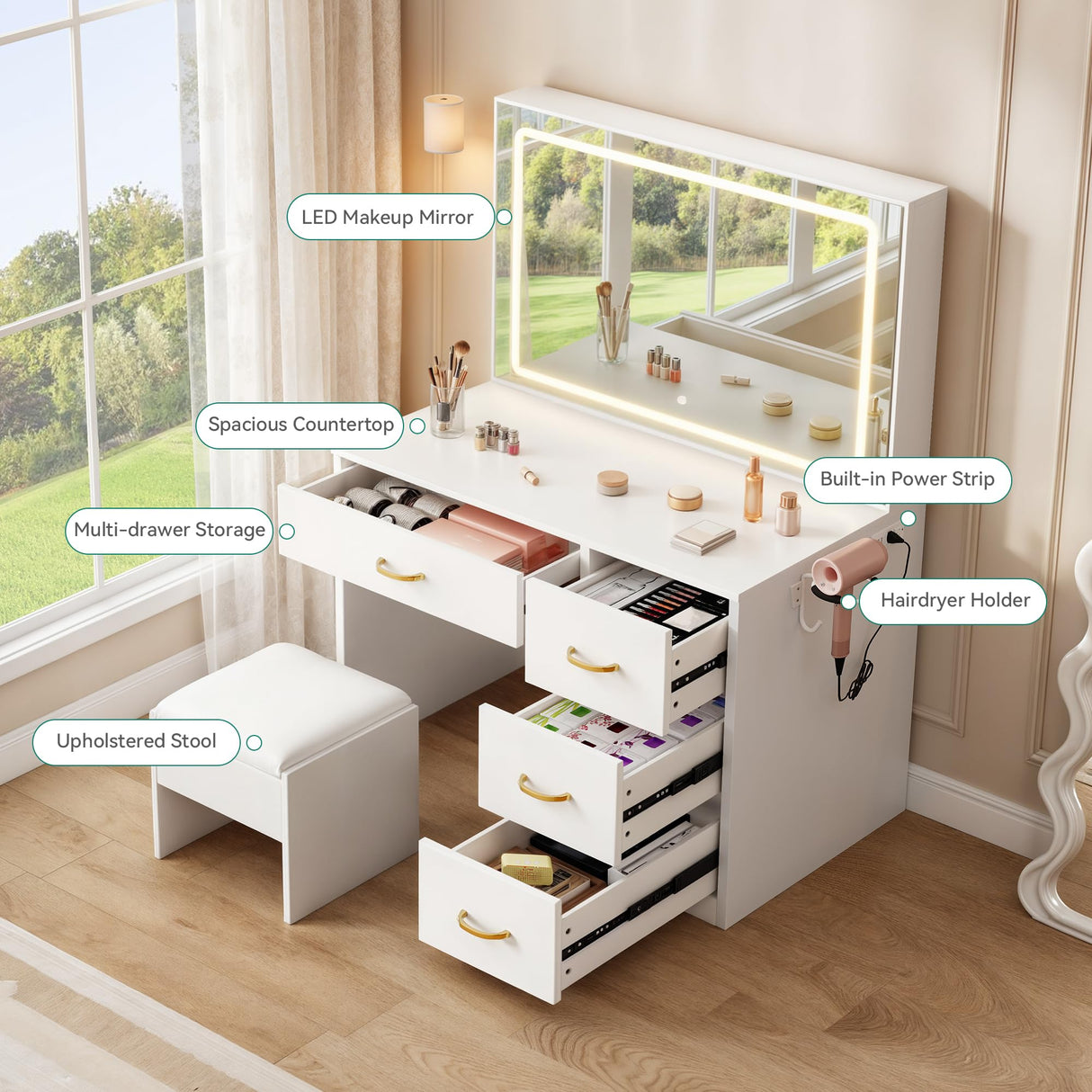 YITAHOME Vanity Desk Set with Large 35" LED Mirror and Lights, Makeup Table with 4 Drawers & Stool, 2 AC Outlets and 2 USB Ports, Adjustable Lighting, Modern Ample Storage Dressing Table, White YITAHOME