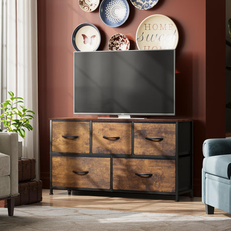 WLIVE Dresser for Bedroom with 5 Drawers, Wide Chest of Drawers, Fabric Dresser, Storage Organizer Unit with Fabric Bins for Closet, Living Room, Hallway, Rustic Brown Wood Grain Print WLIVE