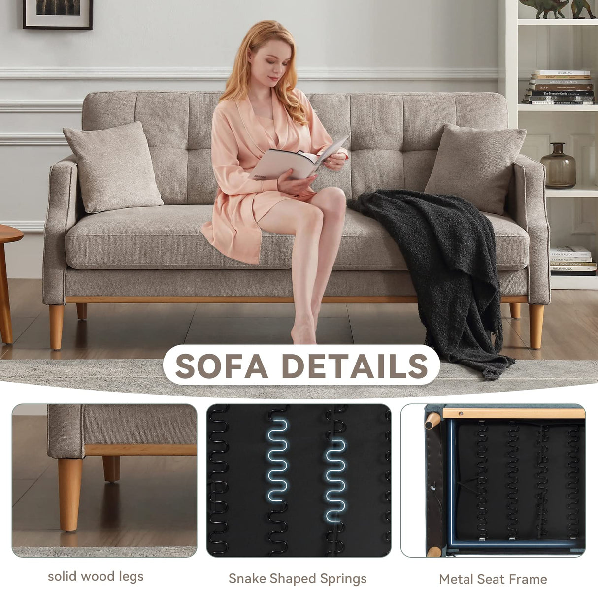 Plococo 70" Sofa, Mid Century Modern 3 Seat Sofa Couch, Comfort Experience Loveseat with Thick Cushions,Waterproof Fabric and USB Port, Beige Grey Plococo