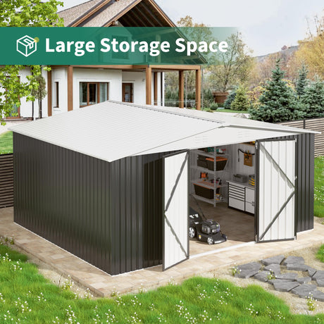 VIWAT 12x14 FT Outdoor Storage Shed, Metal Shed with Updated Frame Structure and Lockable Doors, Large Shed Upgrade Height Ideal for Garden, Backyard, Patio Utility and Tool Storage, White VIWAT