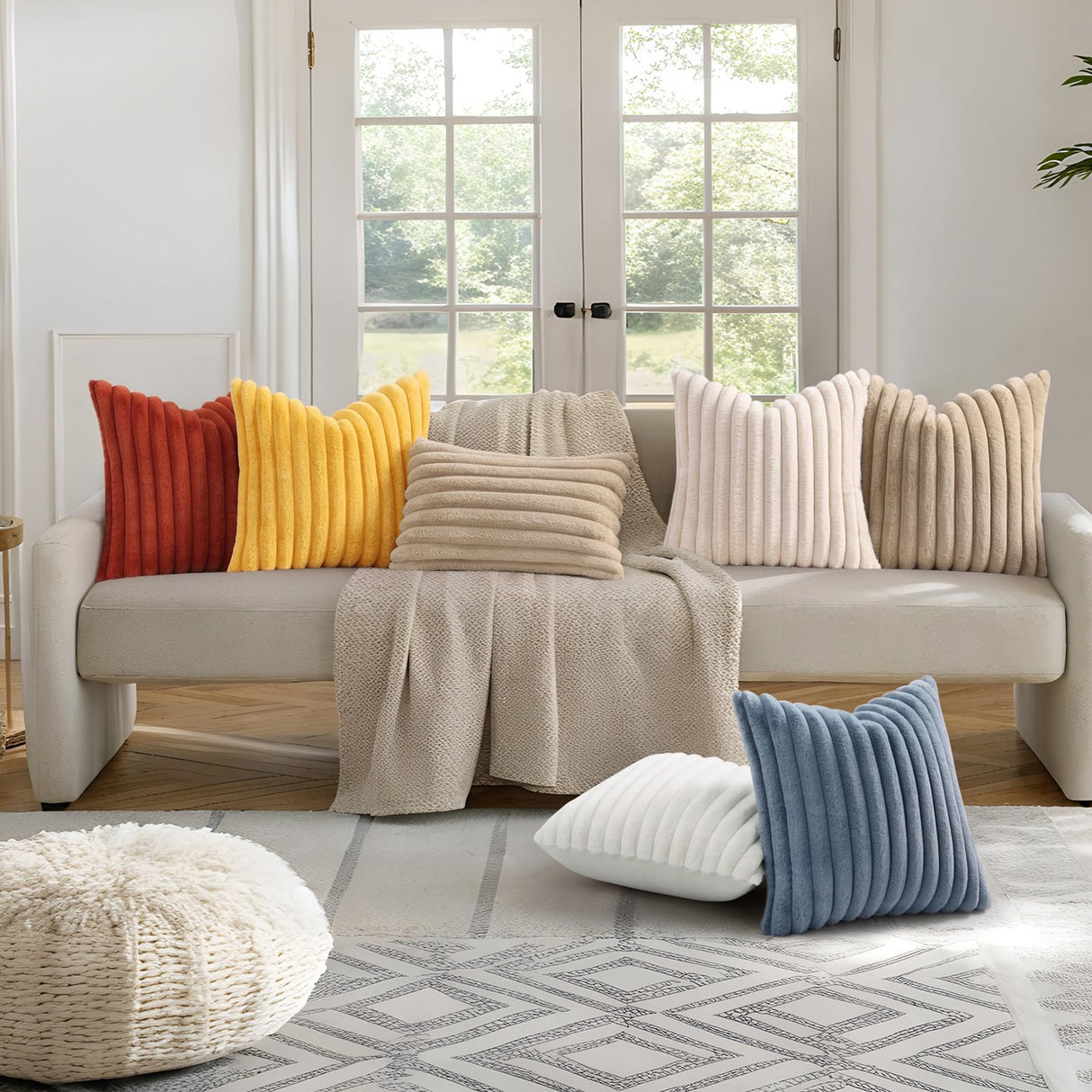 decorUhome Faux Fur Christmas Throw Pillow Covers 18x18 Set of 2, Decorative Soft Plush Striped Neutral Couch Euro Pillow Covers with Velvet Back for Sofa, Bed, Living Room Home Decor, Cream White decorUhome