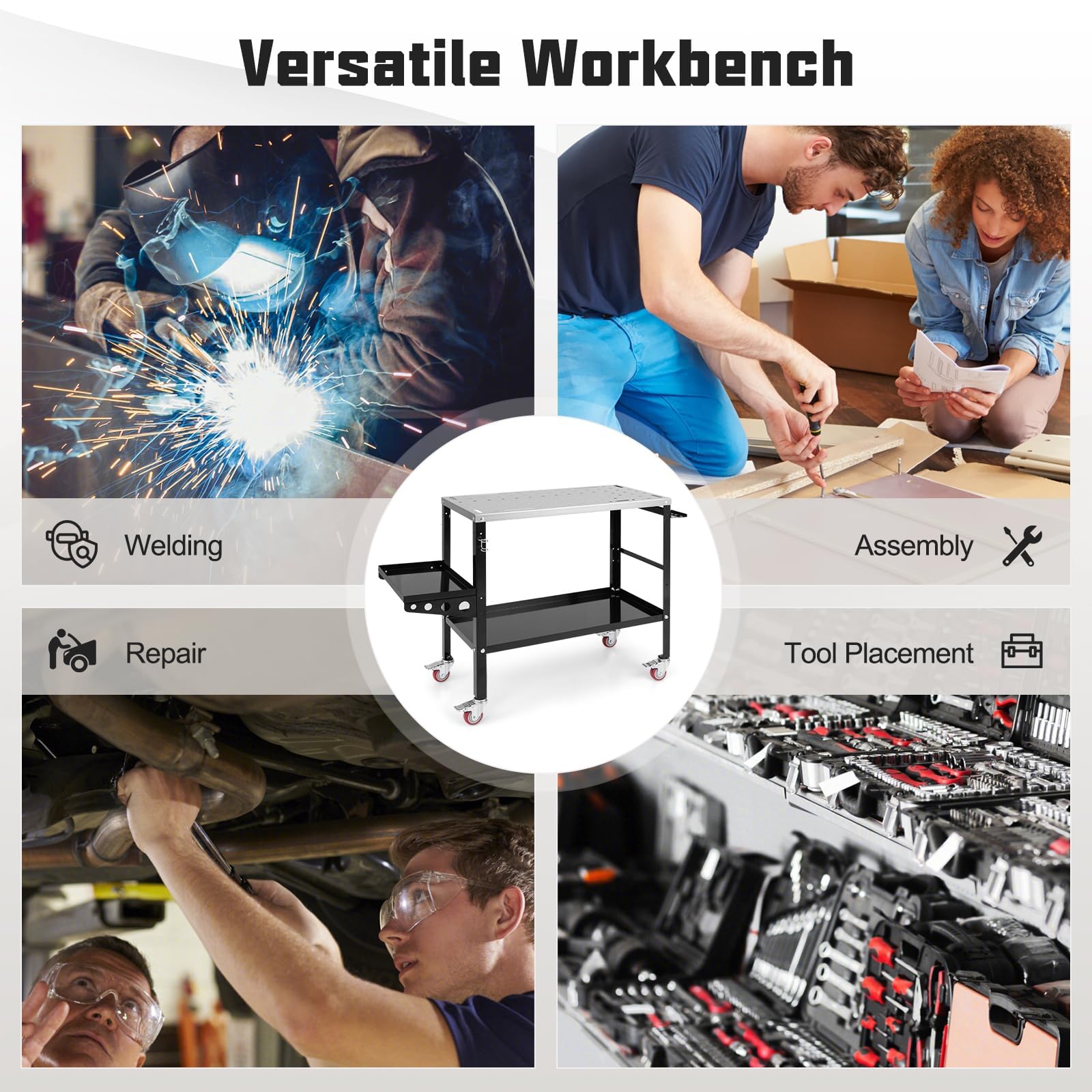 ERGOMASTER Rolling Welding Table, 36'' x 18'' Welding Table Top, 1200LBS Steel Welding Workbench Table with Wheels, 5/8’’ Holes, 8 Tool Slots, 2 Nozzle Holders, Welding Cart for Welding Sawin - WoodArtSupply