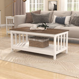 ChooChoo White Coffee Table, Farmhouse Living Room Table with Shelf, 40 Inch ChooChoo