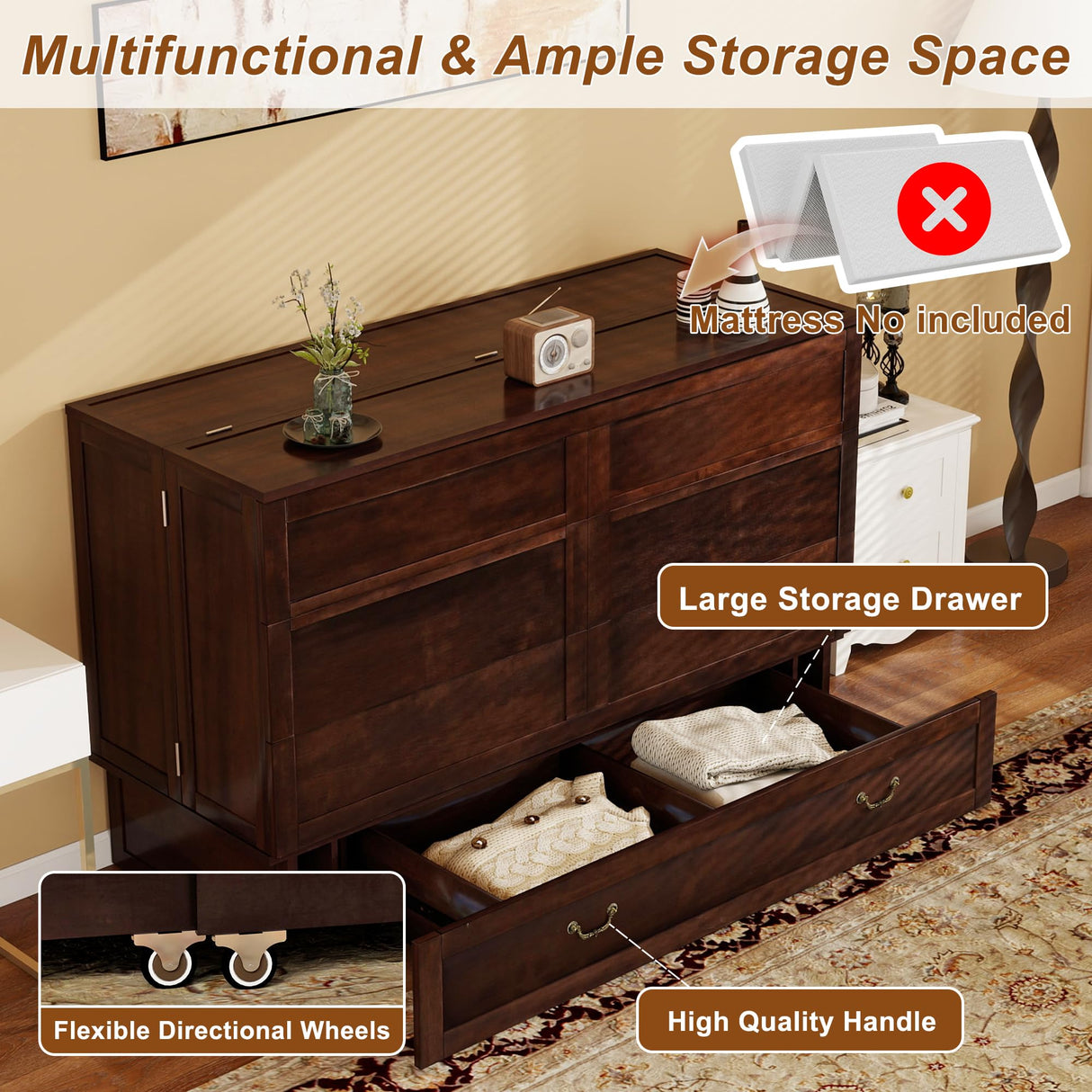 TrendTerrace Solid Wood Murphy Bed Queen: Murphy Chest Queen Deep Brown Red Murphy Bed Cabinet with USB Port, Wall Murphy Chest with Large Drawer for Home/Guest Room (Without Mattress) TrendTerrace