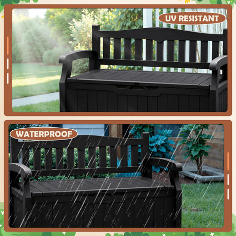 JUMMICO 80 Gallon Resin Outdoor Storage Bench, Large Deck Box with Armrest, Lockable & Waterproof for Garden, Home, Patio, Pools (Black) JUMMICO
