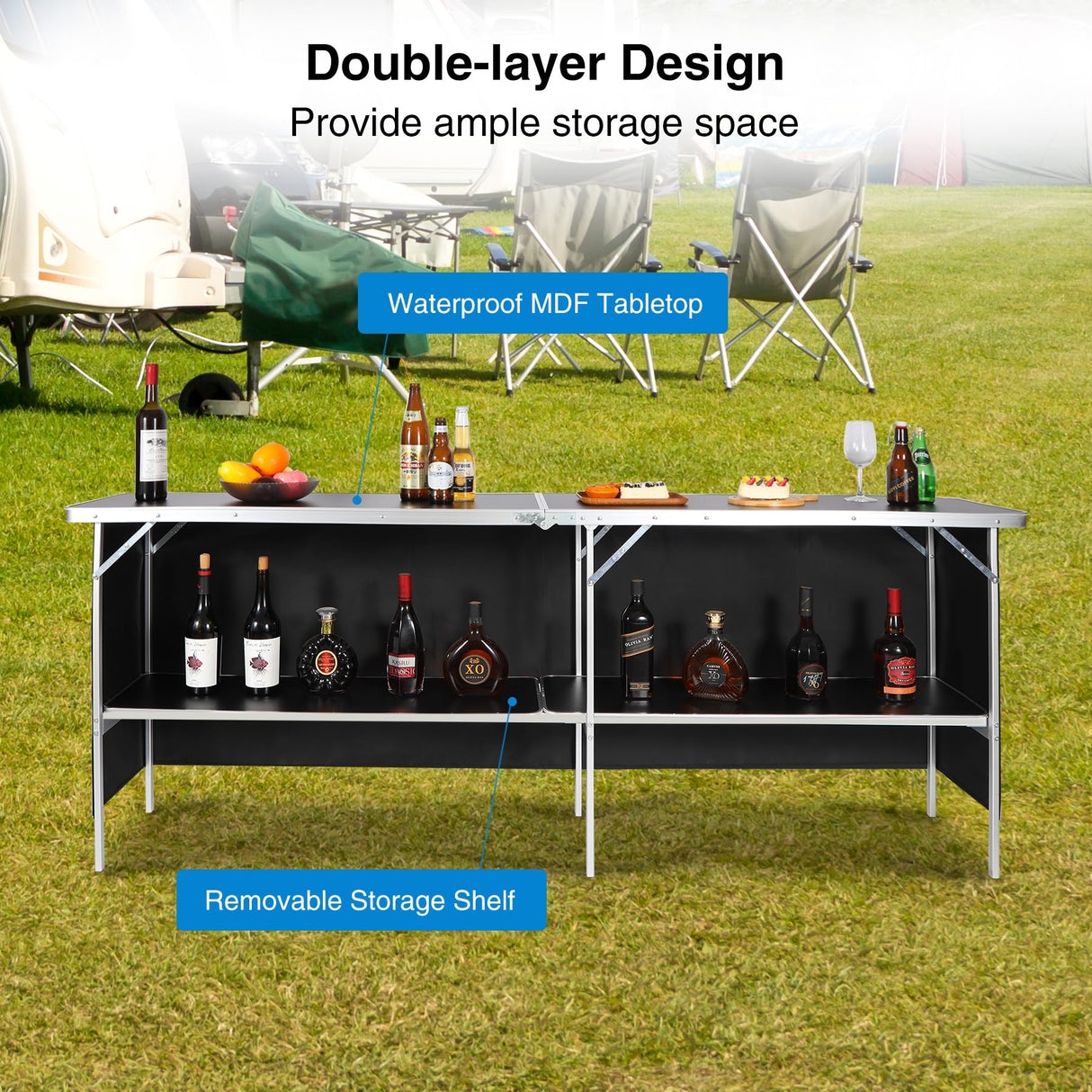 REDCAMP Portable Bar Table, Pop Up Folding Mobile Bar Bartender Table with Carry Bag for Events, Party, Camping, Tradeshow, Exhibition, Easy Setup, Black, 82"x33"x15" REDCAMP
