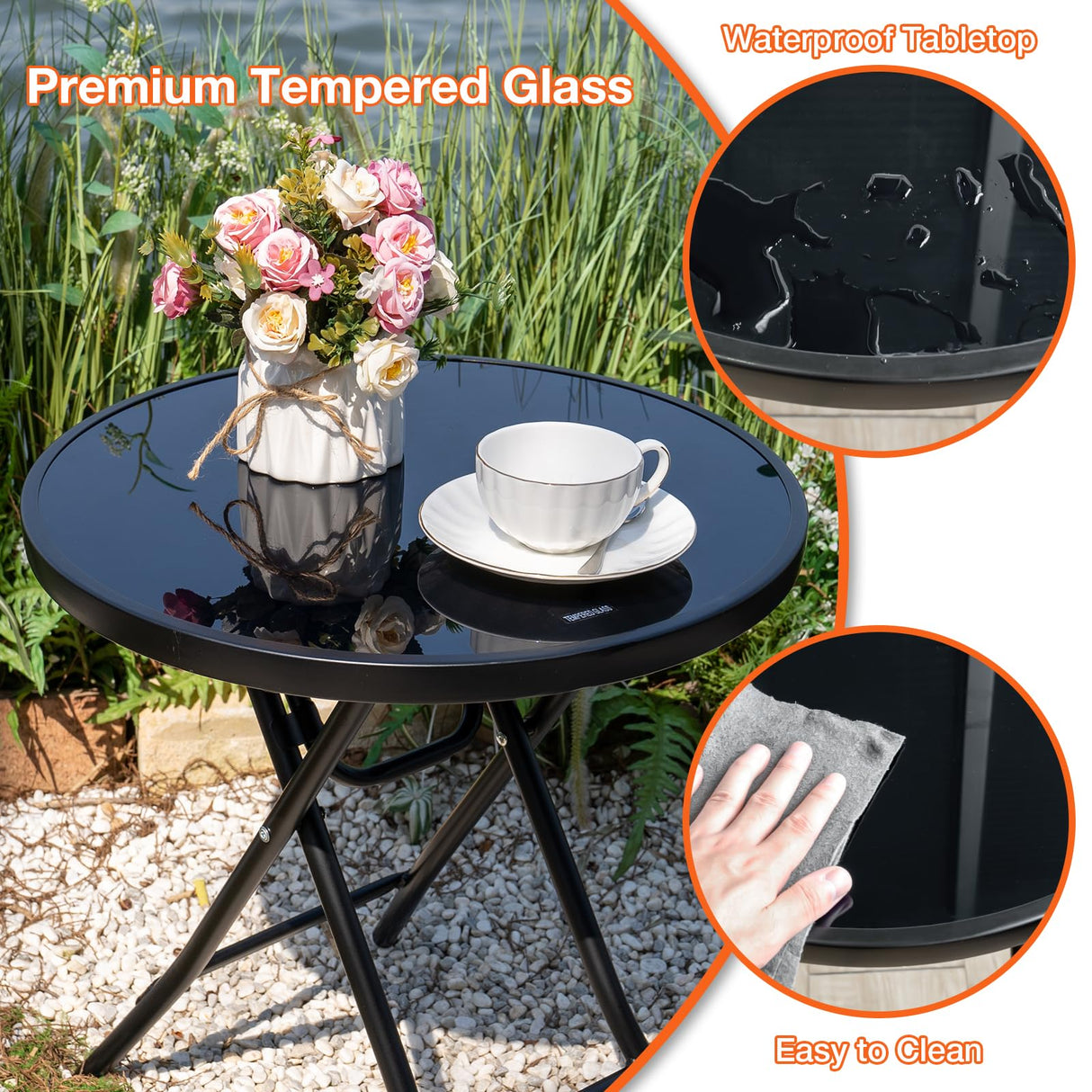 Garsing Outdoor Patio Round Side Table, Folding Bistro Table with Tempered Glass Tabletop, Compact Small Foldable Coffee Desk for Outside Use, Black Garsing Outdoor Leisure