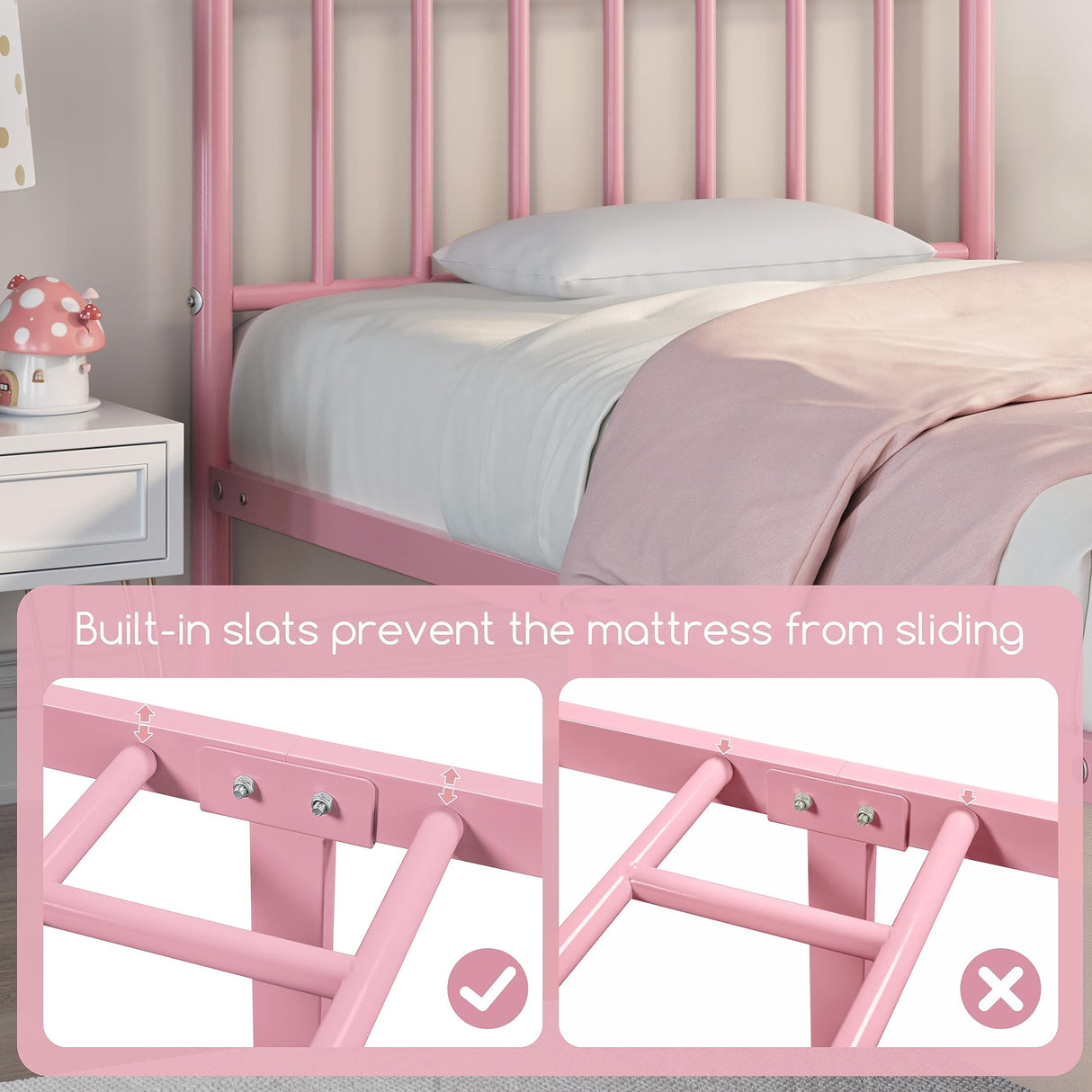 Yaheetech Twin Size Bed Frame Metal Platform Bed Frame Mattress Foundation with Spindle Headboard & Footboard/No Box Spring Needed/14 Inch Underbed Storage/Firm Support & Easy Set up Structure, Pink Yaheetech