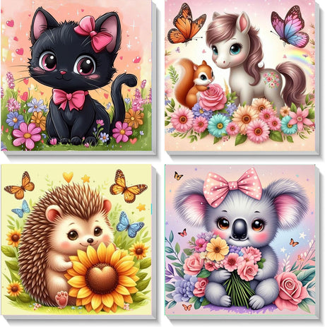 YarnWhimsy 4 Pack Paint by Numbers Kit for Kids with Frame- Animals Paint by Numbers for Kids Ages 4 8 12, Easy Horse Cat Hedgehog Koala DIY Acrylic Oil Painting Kits for Home Wall Decor(8X8inch) YarnWhimsy