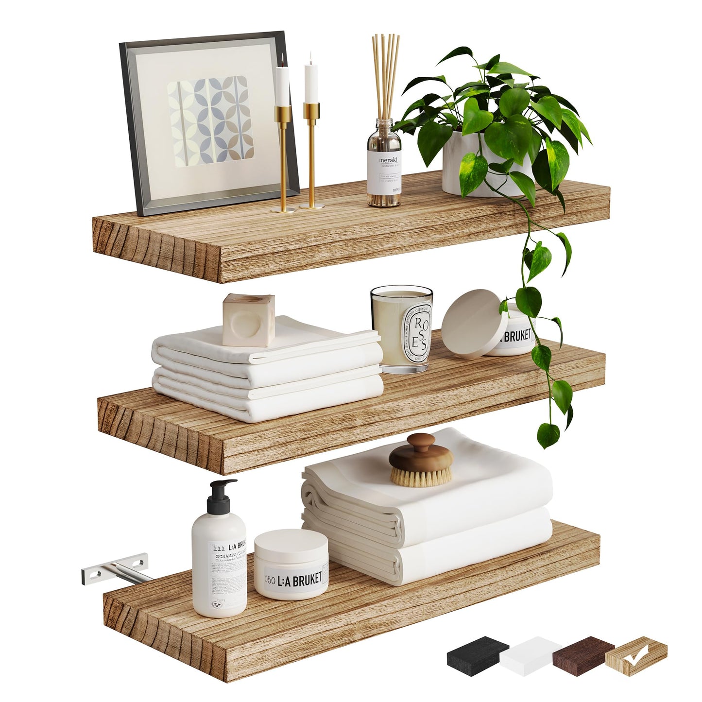 Greenual 3 Packs Floating Shelves for Wall, Nature Wood Wall Shelf, 16" Wall Mounted Floating Shelf for Kitchen, Living Room, Bedroom, Bathroom Storage, Book Shelf for Wall Home Decor, Frame  - WoodArtSupply