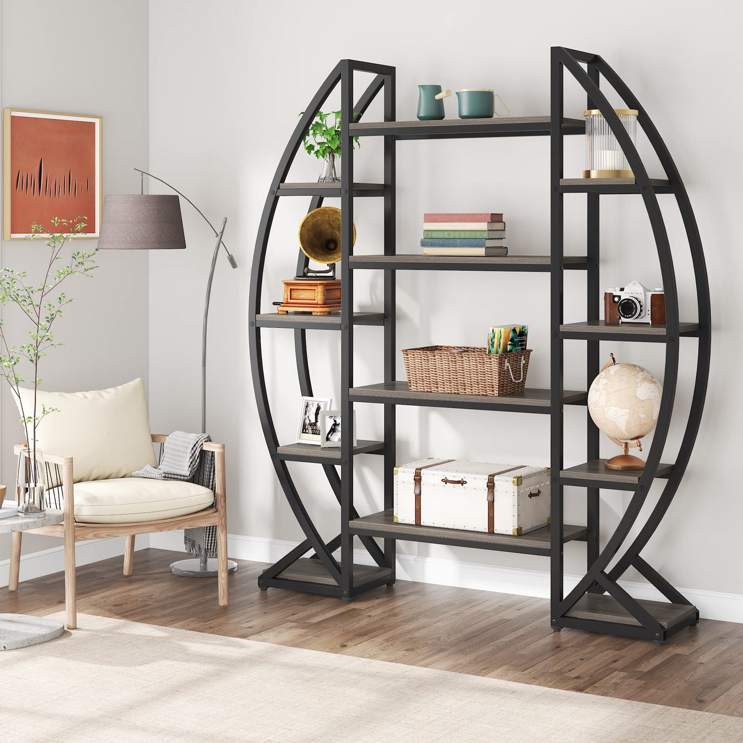 Tribesigns Industrial Elegant Oval 5-Tier Bookshelf in Grey - WoodArtSupply