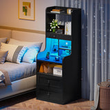 EnHomee Tall Nightstand with USB Ports, 20-Color LED Lights & 2 Drawers - Black Farmhouse Design EnHomee