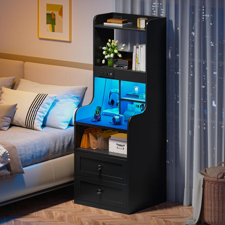 EnHomee Tall Nightstand with USB Ports, 20-Color LED Lights & 2 Drawers - Black Farmhouse Design EnHomee