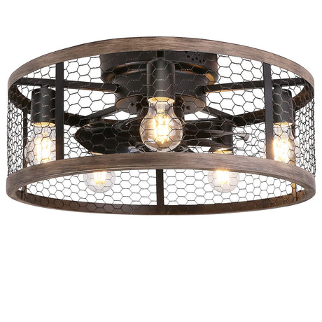 Ohniyou 20'' Flush Mount Caged Ceiling Fan with Lights Remote Control, Farmhouse Rustic Low Profile Small Vintage Enclosed Ceiling Fan Lighting Fixture Bedroom Dining Room Ohniyou
