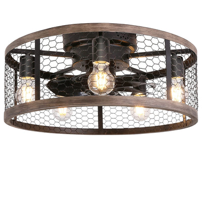 Ohniyou 20'' Flush Mount Caged Ceiling Fan with Lights Remote Control, Farmhouse Rustic Low Profile Small Vintage Enclosed Ceiling Fan Lighting Fixture Bedroom Dining Room