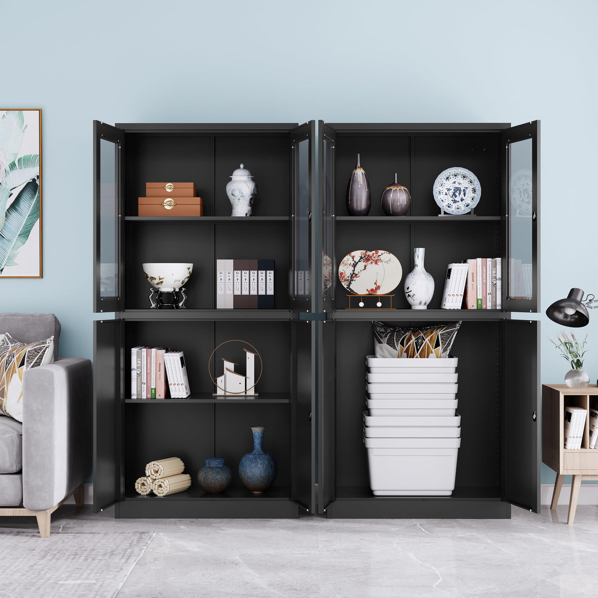 LISSIMO Metal Storage Cabinet with Glass Doors, Lockable Office Cabinet, 71" Tall Steel Cabinet with Adjustable Shelves for Home Office,School and Hospital (Black) LISSIMO