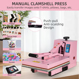 15x15 Inch Heat Press Machine with Slide-Out Drawer, Manual Clamshell Design, Digital Temp & Timer Control, Pink 1400W Heat Transfer Machine for T-Shirts, Vinyl, Fabric, DIY Projects & More Sanch Ancha