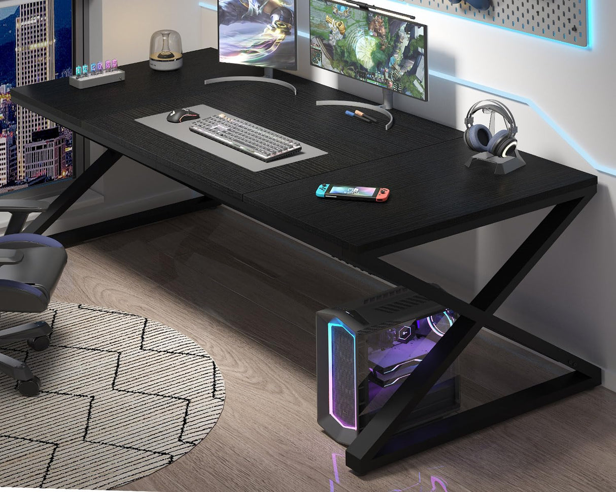 LVB Large Black Desk, 70.8” Long Computer Desk for Home Office, Modern Wide Executive Work Desk for Writing Study, Simple Wood Metal Computer Table Gaming Desk Workstation in Bedroom, Black Oak, 70 in LVB