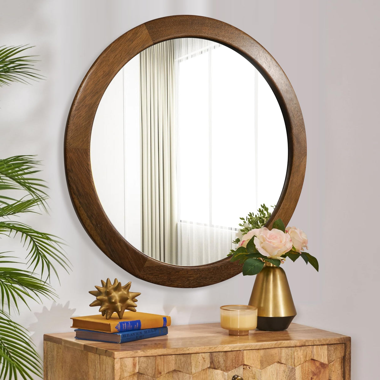 Round Mirror 36 Inch,Wood Rustic Bathroom Tempered Wall Mirror with Walnut Frame,Farmhouse Wooden Vanity Circle Mirror for Living Room,Entryway or Bedroom（Walnut Brown） CULER