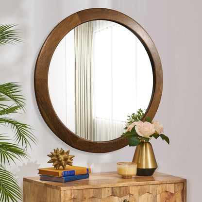 Round Mirror 36 Inch,Wood Rustic Bathroom Tempered Wall Mirror with Walnut Frame,Farmhouse Wooden Vanity Circle Mirror for Living Room,Entryway or Bedroom（Walnut Brown） - WoodArtSupply