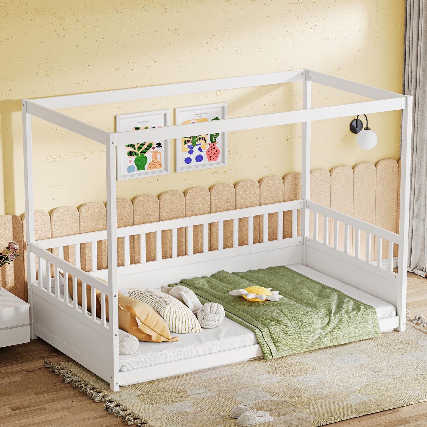 Twin Size Canopy Bed Frame with 4 Posters and Guardrails, Twin Size Montessori Floor Bed with High Fence, White Montessori Bed Twin Size