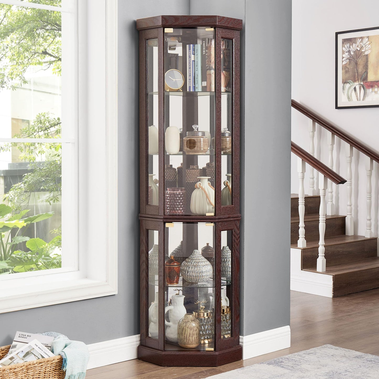 Lighted Corner Display Curio Cabinet Wooden Shelving Unit with Tempered Glass Door, Bar and Liquor Storage Area with 4 Shelves, Wine Cabinet