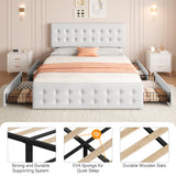 IDEALHOUSE King Size Bed Frame with 4 Storage Drawers and Headboard, Faux Leather Upholstered Platform Bed Frame with Wooden Slats Support, Button Tufted Design, No Box Spring Needed, White IDEALHOUSE